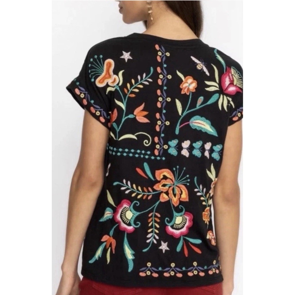 Johnny Was Averi Relaxed Black Tee 3X Embroidered Floral Butterflies Boho - Picture 2 of 7